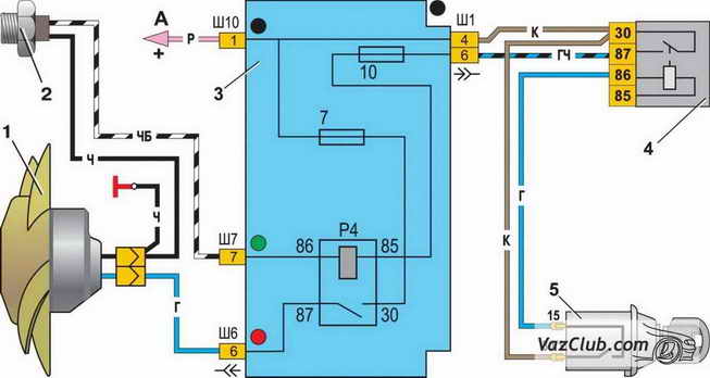 схема включения электродвигателя вентилятора системы охлаждения ваз 2107, ваз 2105, ваз 2104