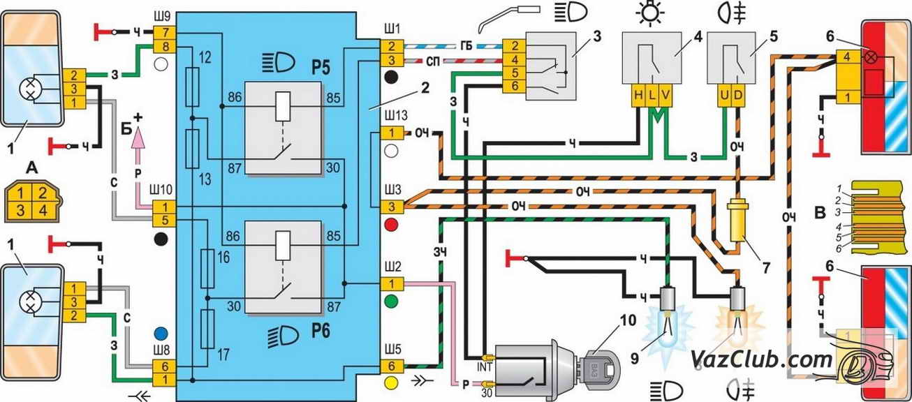 схема включения фар и противотуманного света в задних фонарях ваз 2107, ваз 2105, ваз 2104
