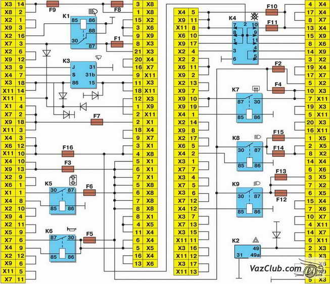 схема соединений монтажного блока ваз 2114